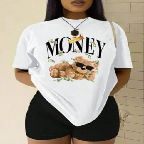 Money Teddy Tee | White Hustle Bear Graphic T-Shirt cover image.