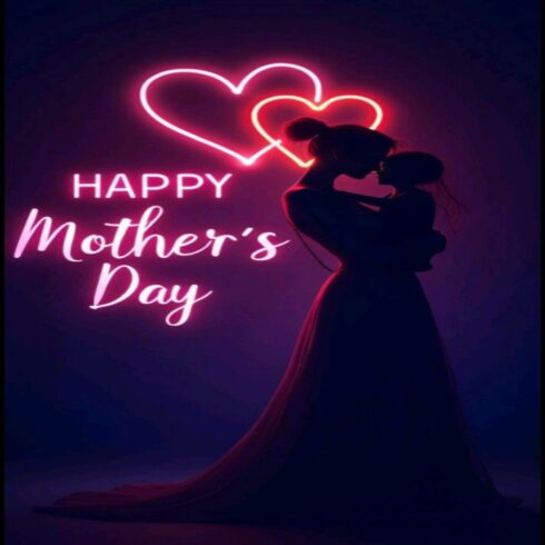 Neon Hearts Happy Mother's Day - Silhouette Mom & Child Wall Art Design cover image.
