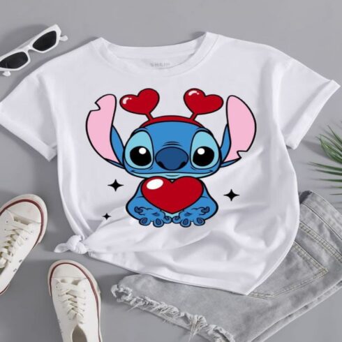 Stitch Heart Love Cartoon Graphic T-Shirt cover image.