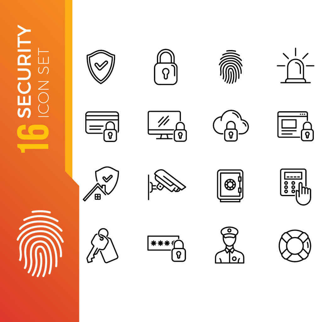 Modern security icon pack featuring fingerprint scan and face ...