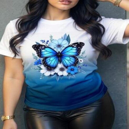 Blue Butterfly Floral Ombre Graphic T-Shirt cover image.