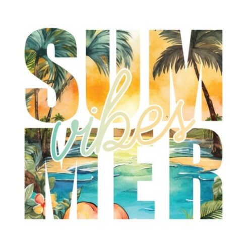 Unisex Summer Vibes Tropical Beach Graphic T-Shirt | Watercolor Sunset Palm Tree Tee cover image.