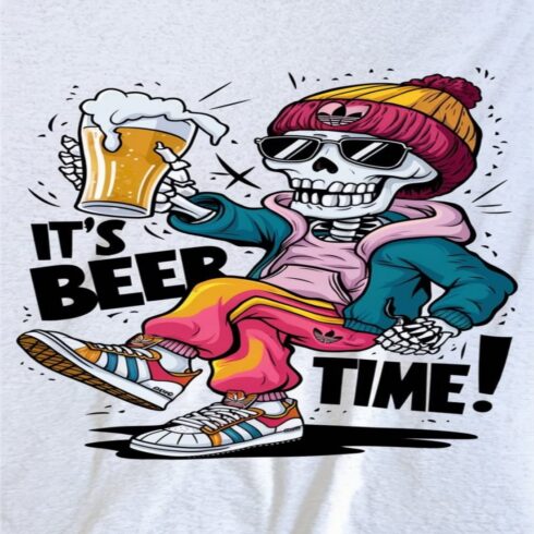 "It's Beer Time" – Funny Skeleton Skater Graphic Tee cover image.