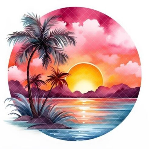 "Tropical Sunset Watercolor - Palm Trees & Ocean Circle Art Tee" cover image.