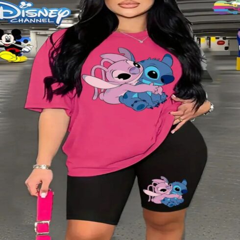 Stitch & Angel Hug Co-ord Set – Oversized Tee + Biker Shorts cover image.