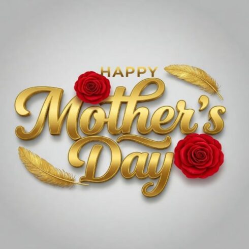 Happy Mother's Day Gold 3D Script - Red Rose Golden Feather Luxury Design cover image.