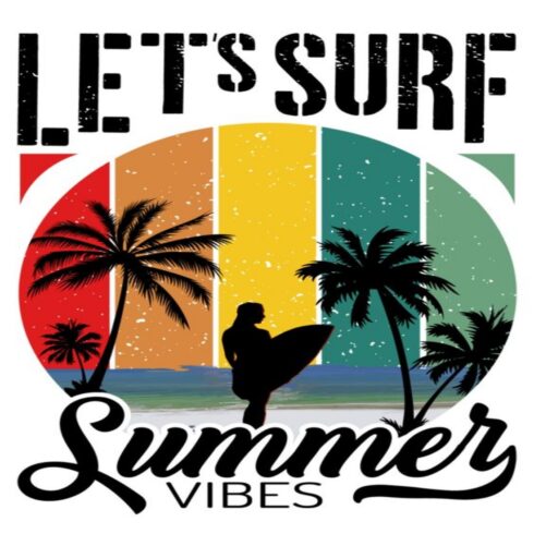 "Let's Surf Summer Vibes – Retro Sunset Palm Tree Tee" cover image.