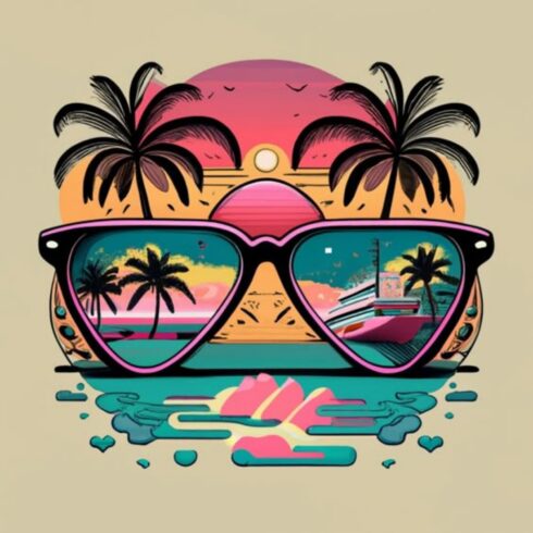 Tropical Sunset Sunglasses Graphic Tee | Retro Beach Palm Tree T-Shirt for Men & Women cover image.