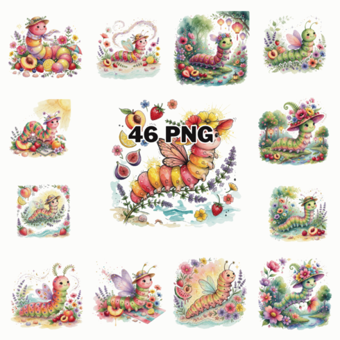 Watercolor Cute Summer Caterpillar Sublimation Clipart Bundle cover image.