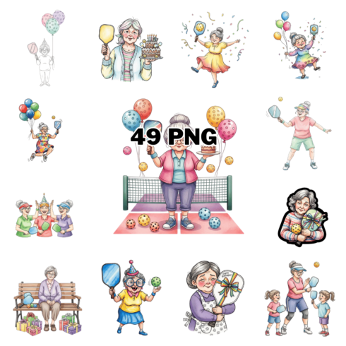 Watercolor Birthday Pickleball Grandma Sublimation Clipart Bundle cover image.