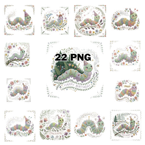 Faux Embroidery Birthday Caterpillar Sublimation Clipart Bundle cover image.