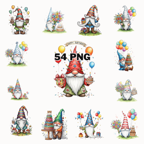 Watercolor Birthday Gnome Sublimation Clipart Bundle cover image.