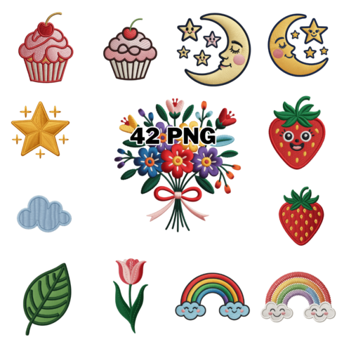 Cute Embroidery Style Patches Sublimation Clipart Bundle cover image.