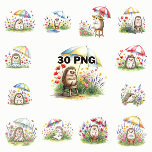 Watercolor Hedgehog Sitting in a Flower Garden Sublimation Clipart Bundle cover image.