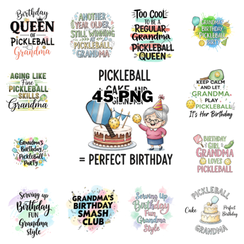 Watercolor Birthday Pickleball Grandma Typography Sublimation Clipart Bundle cover image.
