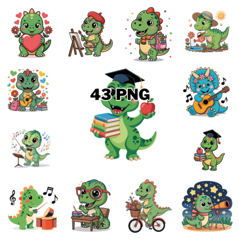 Cute Cartoon Dinosaur Back to school Sublimation Clipart Bundle cover image.
