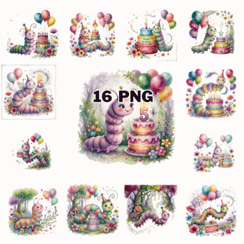 Watercolor Cute Birthday Caterpillar Sublimation Clipart Bundle cover image.