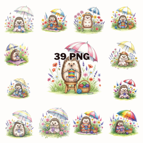 Watercolor Hedgehog Knitting in a Flower Garden Sublimation Clipart Bundle cover image.