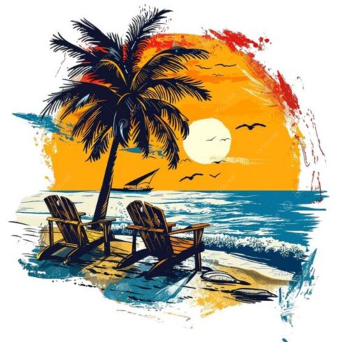 "Sunset Palm Beach Chairs – Retro Tropical Vacation T-Shirt Design" cover image.