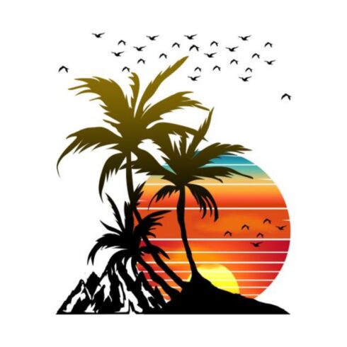 "Retro Sunset Silhouette - Palm Trees 80s Vaporwave Tee" cover image.