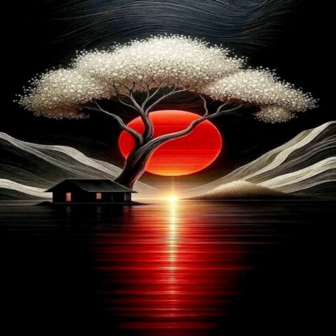 "Red Moon Over Sakura Lake - Japanese Night Landscape Tee" cover image.