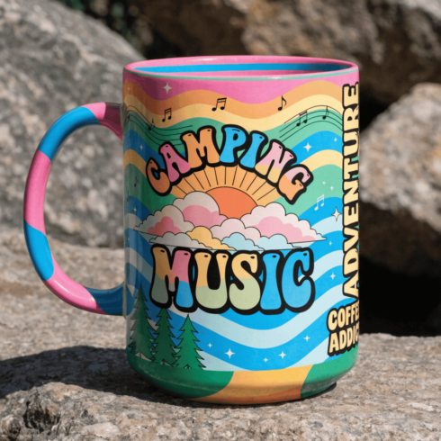 Colorful Retro Coffee Mug Pair Mockup | Music Camping Adventure Theme cover image.
