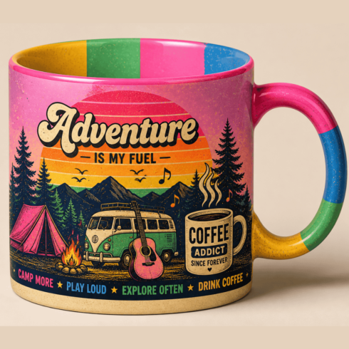 Colorful Retro Coffee Mug Pair Mockup | Music Camping Adventure Theme cover image.
