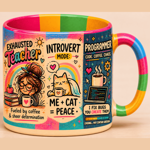 Multicolor Retro Typography Mug | Teacher, Introvert Cat & Programmer Coffee Design Theme cover image.