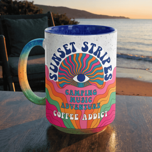 Colorful Retro Coffee Mug Pair Mockup | Music Camping Adventure Theme cover image.