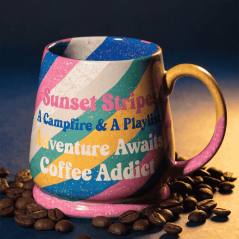 'Multicolour Sunset Beats & Camp Heat ,Coffee, Camps & Cassette Dreams Mug Mockup Pair” cover image.