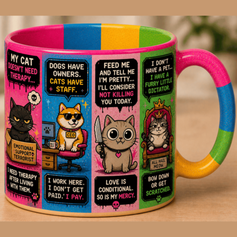 Funny Cartoon Pet Mug Mockup Pair | Dark Humor Pixel Art Coffee Cups cover image.