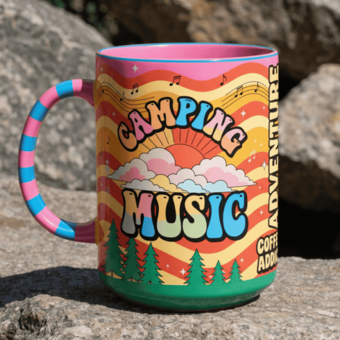 Multicolor Sunset Stripe Mug Mockup Pair | Vintage Camp Music Coffee Theme cover image.