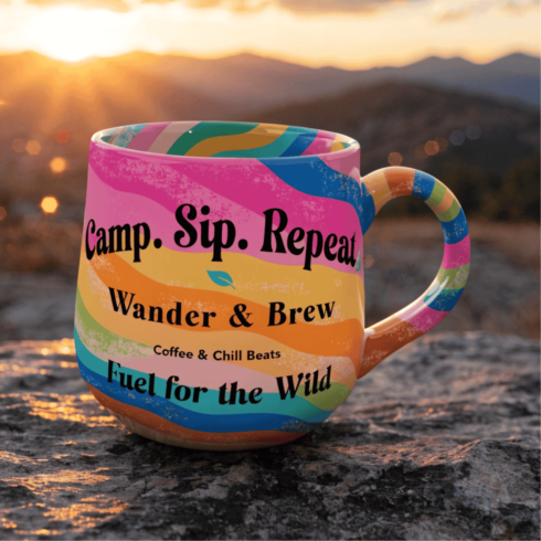 Bright Multicolor Retro Mug Duo | Adventure Coffee Quotes Sunset Stripe Mockup cover image.