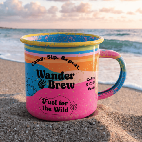 Multicolor Sunset Stripe Mug Pair | Travel Adventure Coffee Theme cover image.