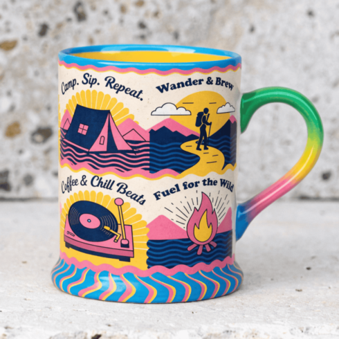 Colorful Adventure Mug Pair | Vintage Coffee Quote Ceramic Mockup cover image.