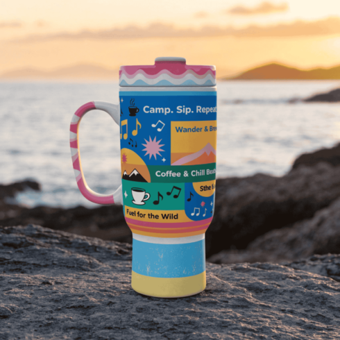 Multicolor Sunset Stripe Mug Pair| Travel, Music & Coffee Quote Aesthetic cover image.