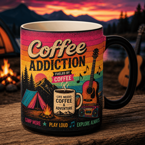 “Multicolor Retro Vibes: Camp, Music & Coffee Duo” cover image.