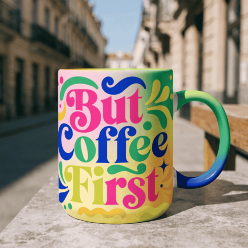 “But Coffee First Mug Set – Vibrant Multicolor Pop Design (Bright Edition)” cover image.