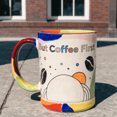 “Playful Multicolor Coffee Mug Pair – Bright Aesthetic ‘But Coffee First’ Design” cover image.