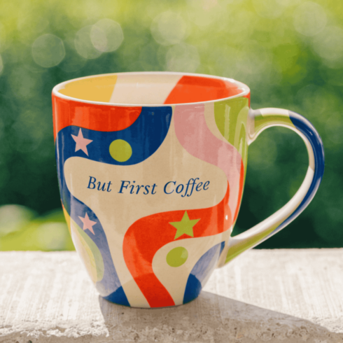 “Coffee First Always – Bold Multicolor Mug Pair with Playful Vibes” cover image.