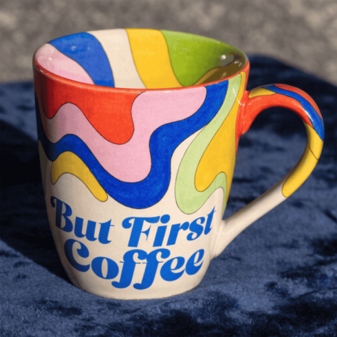 “Color Pop Coffee Mug Pair – ‘But Coffee First’ with Multicolor Handle & Inner” cover image.