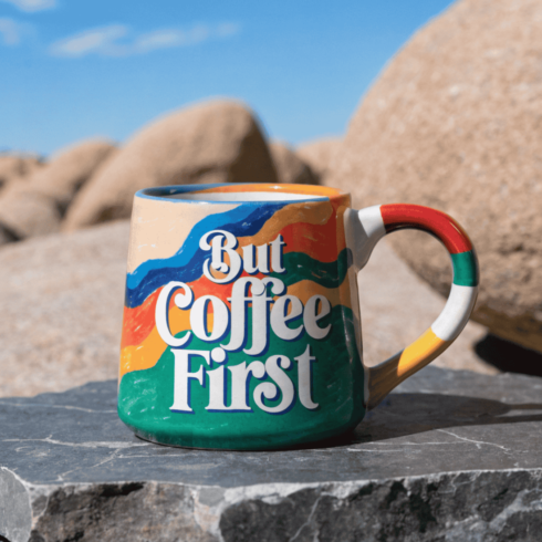“Coffee Lover Gift Mug Pair – Bright Color Splash ‘But Coffee First’ Design” cover image.