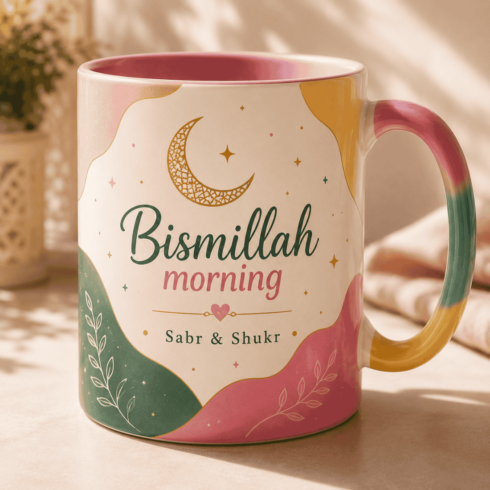 “Elegant Islamic Mug Pair –Islamic Typography with Bismillah Morning & Sabr & Shukr” cover image.