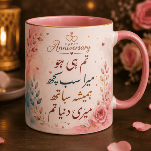 “Timeless Love Anniversary Romance Mug Pair – Urdu Calligraphy with Roses & Gold Accents cover image.