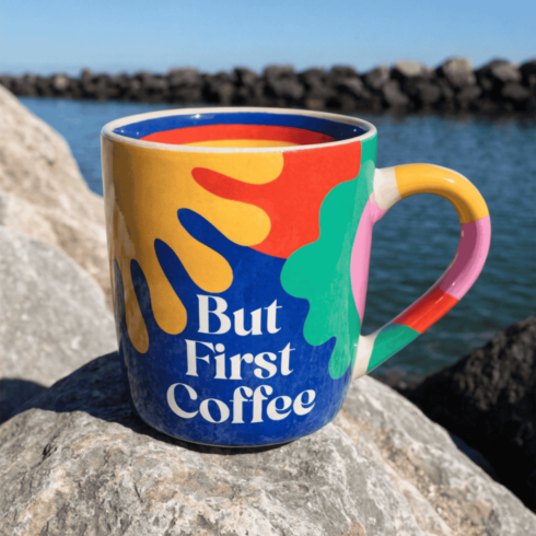 Color Pop Cheerful But First Coffee Multicolor Mug Mockup Pair cover image.