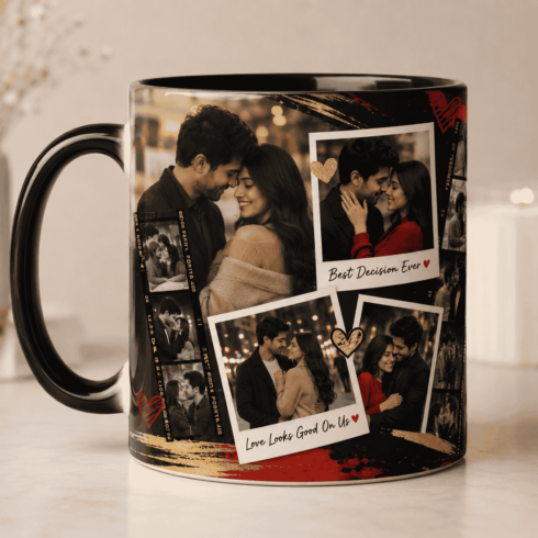 Black Red & Gold Anniversary, Golden Love Collage Mug Mockup Pair cover image.