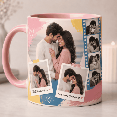 Polaroid Love Story Pastel Anniversary Full-Wrap Couple Moments Mug Mockup Pair cover image.
