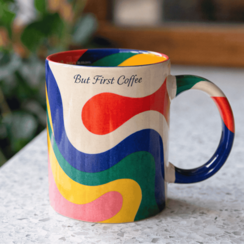 Modern Multicolor Cheerful But First Coffee Mug Pair cover image.