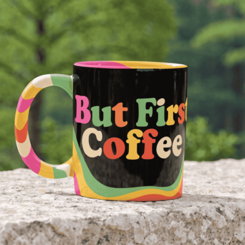 Color Pop Coffee Mug Mockups pair– “But First Coffee” Quote Design in Multi Bright Shades with Custom Handle cover image.