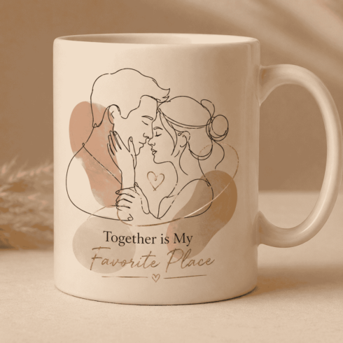 Romantic Couple Coffee Mug, Together Is My Favorite Place, Line Art Mug cover image.